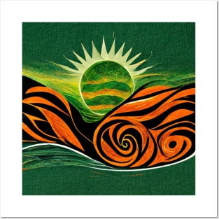 Bold, dramatic image of a green sun rising up from between orange and black mountains. Posters and Art